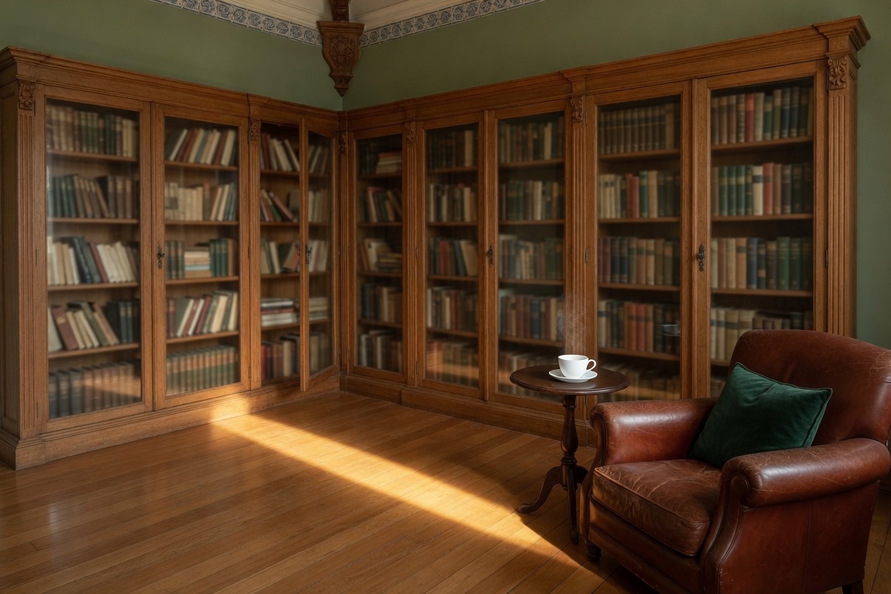 Sala de leitura com estantes de madeira e uma poltrona de couro. Imagem ilustrativa.