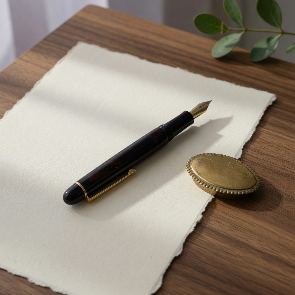 Caneta-tinteiro sobre uma folha de papel, em uma mesa de madeira. Imagem ilustrativa.